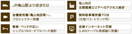 JR亀山駅より徒歩5分 亀山地区主要産業エリアへのアクセス良好 会議室完備/亀山地区唯一。プロジェクター完備 無料駐車場完備70台(大型バス・トラック可) 客室・ベッドが広いシングル18㎡・ダブルベッド設計 全室インターネット可能（LANケーブル各部屋に完備）